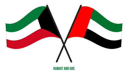 Kuwait and UAE Flags Crossed And Waving Flat Style. Official Proportion. Correct Colors.