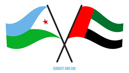 Djibouti and UAE Flags Crossed And Waving Flat Style. Official Proportion. Correct Colors.