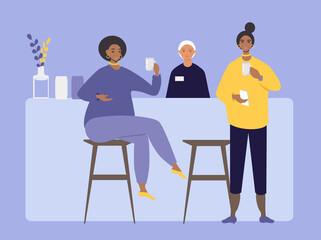 vector illustration - a girl at the counter of a coffee shop and two visitors are drinking coffee. trend illustration in flat style