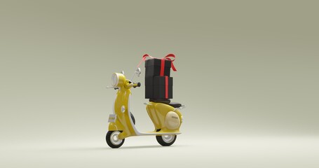 3d concept .simple illustration of a cute mini scooter with gifts in black and red on a pure white background