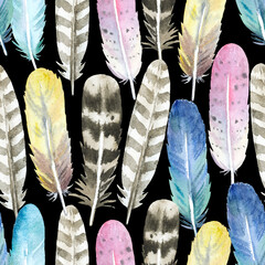 Boho seamless pattern with watercolor painted colorful feathers. Original background for design and fabric.