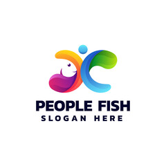 Vector Logo Illustration People Fish Gradient Colorful Style.