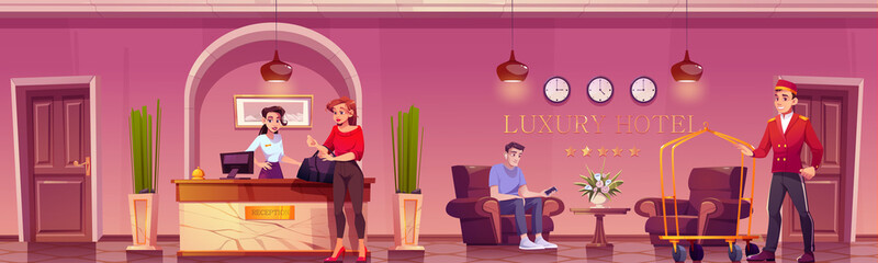 Guests and staff in luxury hotel lobby with reception desk, table with chairs, flowers and plants. Vector cartoon hotel hall interior with woman receptionist, bellboy with trolley and people - obrazy, fototapety, plakaty