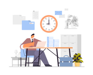 overworked businessman using laptop at workplace busy business man working in office paperwork deadline concept