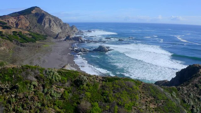 topocalma beach, stone of the wind litueche puertecillo matanzas windsurfing spot surfing spot. CHile drone shot traveling in kite surfing