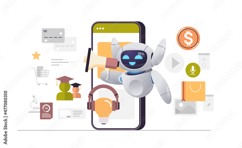 Poster robot using loudspeaker on smartphone screen chatbot ai faq service mobile business assistant concep