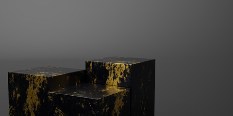 3D render cube podium made of black marble with gold texture in black blackground.