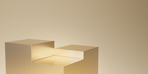 3D render gold cube podium  in gold or beige blackground. 3D gold Blank display or clean room for showing product. Minimalist mockup for podium display or showcase. 3D rendering.