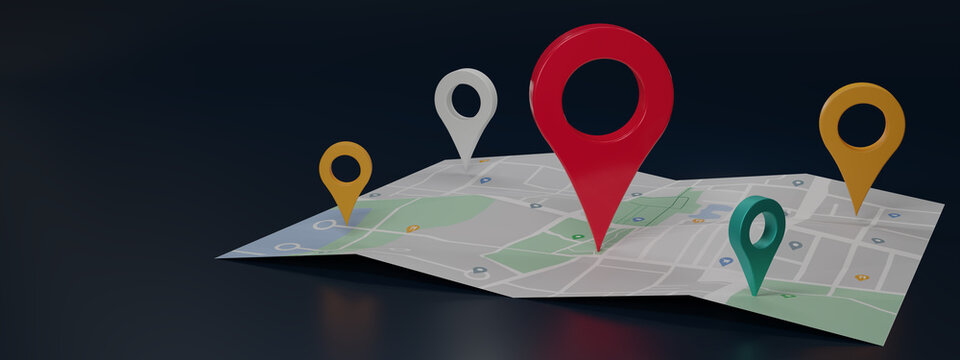 GPS. navigator pin checking  with map on dark blue background. Location pin and location map with copy space for message or texts. location icon. 3d rendering illustration.