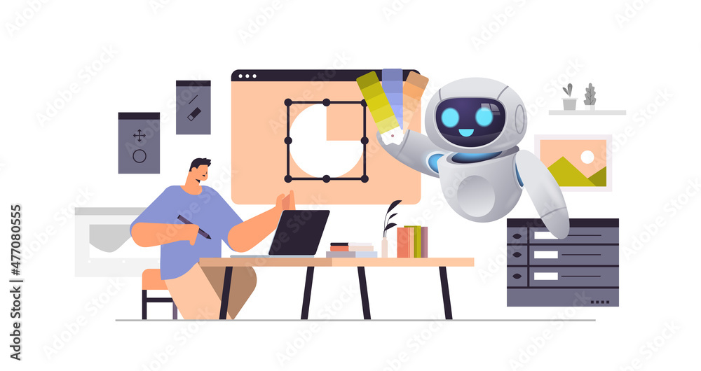 Poster designer and robot drawing with pen in graphic editor on laptop creating website user interface arti