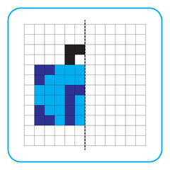 Picture reflection educational game for kids. Learn to complete symmetry worksheets for preschool activities. Coloring grid pages, visual perception and pixel art. Complete the blue suitcase image.