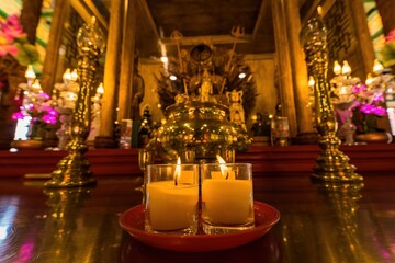 Bangkok, Thailand - December, 20, 2021 : Praying and meditation with burning candle on Chinese temple in Wat Leng Nei Yee 2 Temple at Bangkok, Thailand.