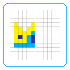 Picture reflection educational game for kids. Learn to complete symmetry worksheets for preschool activities. Coloring grid pages, visual perception and pixel art. Complete the king's crown shape.
