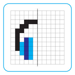 Picture reflection educational game for kids. Learn to complete symmetry worksheets for preschool activities. Coloring grid pages, visual perception and pixel art. Finish drawing the headset.