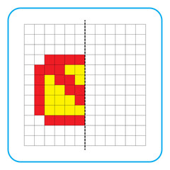 Picture reflection educational game for kids. Learn to complete symmetry worksheets for preschool activities. Coloring grid pages, visual perception and pixel art. Finish letter envelope icon symbol.
