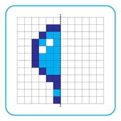 Picture reflection educational game for kids. Learn to complete symmetry worksheets for preschool activities. Coloring grid pages, visual perception and pixel art. Finished magnifying glass symbol.