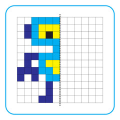 Picture reflection educational game for kids. Learn to complete symmetry worksheets for preschool activities. Coloring grid pages, visual perception and pixel art. Finish the blue robot image.