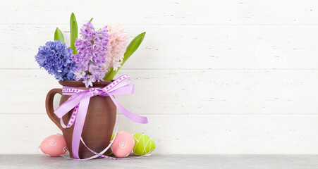 Fototapeta Hyacinth flowers bouquet and easter eggs obraz