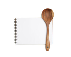 Blank recipe book and wooden spoon on white background, top view. Space for text