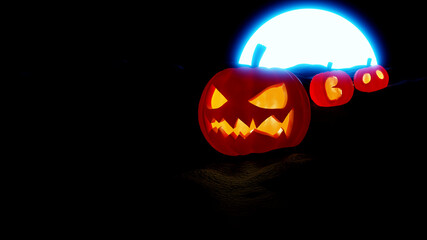 3D Jack O lanterns Halloween pumpkin scary face and some carved word BOO with glowing orange light in cartoon character on dark land and super full moon night for autumn October with copy space