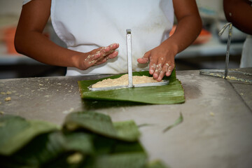 Rigua food from el salvador placed in tamale leaf preparation