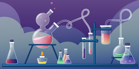 Chemical Laboratory with different glass flasks, vials, test-tubes with substance and reagents. Lab research, testing, studies in chemistry, physics, biology. Flat illustration. Background for poster.