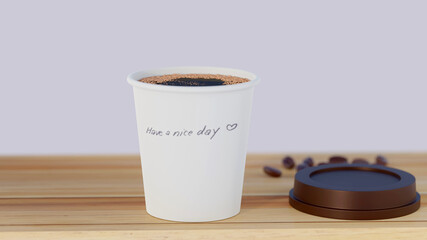 3D Black hot Espresso and few bubbles beverage in little white paper disposal cup hand writing Have a nice day with brown cover glass and blurred coffee bean morning light on wood table for takeaway