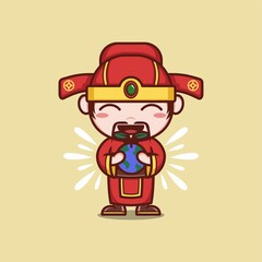 cute cartoon god caishen in Chinese New Year, cares about the preservation of the earth. vector illustration for mascot logo or sticker