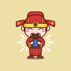 cute cartoon god caishen in Chinese New Year, cares about the preservation of the earth. vector illustration for mascot logo or sticker