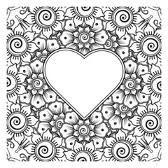 Mehndi flower with frame in shape of heart. decoration in ethnic oriental, doodle ornament.