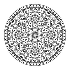 Mehndi flower for henna, mehndi, tattoo, decoration. Decorative ornament in ethnic oriental style, doodle ornament, outline hand draw. Coloring book page.