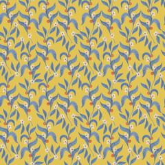 Watercolor painting seamless pattern with blue leaves white flowers and orange fruits 