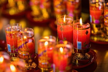Bangkok, Thailand - December, 20, 2021 : Praying and meditation with burning candle on Chinese temple in Wat Leng Nei Yee 2 Temple at Bangkok, Thailand.