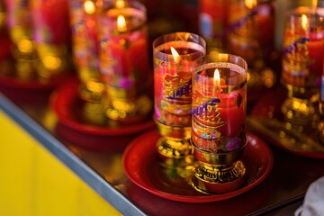Bangkok, Thailand - December, 20, 2021 : Praying and meditation with burning candle on Chinese temple in Wat Leng Nei Yee 2 Temple at Bangkok, Thailand.