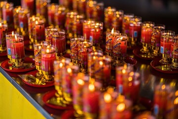 Fototapeta na wymiar Bangkok, Thailand - December, 20, 2021 : Praying and meditation with burning candle on Chinese temple in Wat Leng Nei Yee 2 Temple at Bangkok, Thailand.
