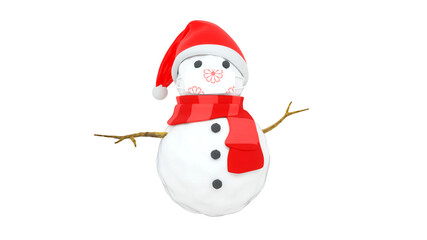 3D Little Snowman cute face wear red hat white face mask for protect virus covid 19 and germ and scarf isolated on white for celebrate happy Christmas in winter season December and happy new year