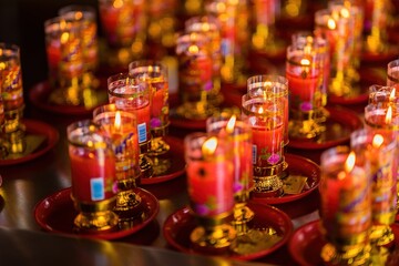Bangkok, Thailand - December, 20, 2021 : Praying and meditation with burning candle on Chinese temple in Wat Leng Nei Yee 2 Temple at Bangkok, Thailand.