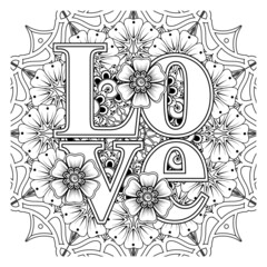 Love words with mehndi flowers for coloring book page doodle ornament