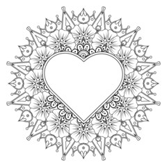 Mehndi flower with frame in shape of heart. decoration in ethnic oriental, doodle ornament.