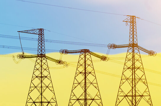 Double exposure - power line, tower and flag Ukraine