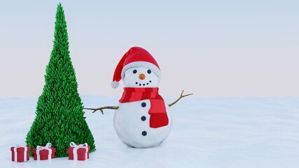 3D Little Snowman wear red hat near green Christmas tree on white snow and snowflake in winter season on the cold day and blue light for happy Christmas December and happy new year with copy space
