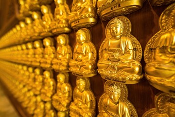 Bangkok, Thailand - December, 20, 2021 : Many golden buddha statues arrange by row and column at the wall in Wat Leng Nei Yee 2 Temple at Bangkok, Thailand.
