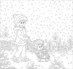Young cute mom sledding her happy little daughter with a funny toy elephant down a snow-covered street of a pretty small town on a snowy winter day, black and white vector cartoon