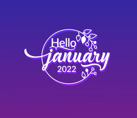 Hello January typography text isolated circle floral frame on black background