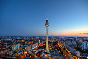 Panoramic view of the Berlin's TV tower and night Berlin.