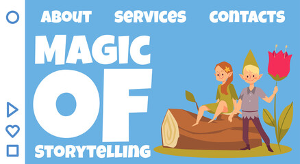 Magic of storytelling web banner with fairy pixies, flat vector illustration.