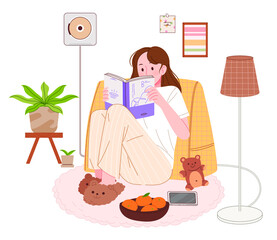 Asian woman is reading a book in her cozy room. Reading character vector illustration.
