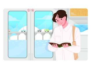 A man reading a book in a standing position in the subway. Reading character vector illustration.