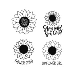 Vector black sunflower clipart set. Hand drawn silhouette sunflowers illustration. Summer flower isolated on white background. Wildflower poster, t shirt print, floral sticker, farmhouse decor.