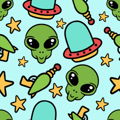 seamless pattern of alien ufo star an gun